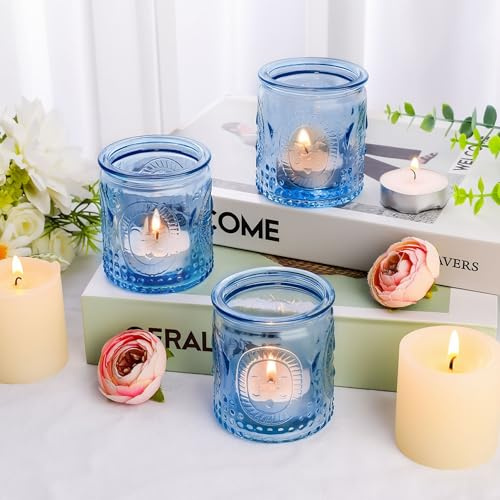 12Pcs Glass Tea Light Candle Holders,6.6cm x 5.8cm Vintage Candle Jar, Coloured Tealight Holders, Votive Candle for Indoor, Outdoor, Garden, Dinner, Church, Weddings, Home Décor, Gifts (Light Blue)