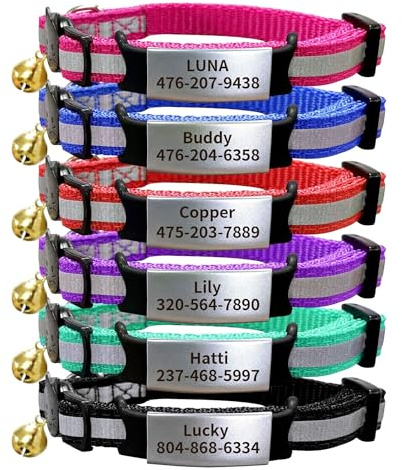 Collare per gatti personalizzabile, regolabile, riflettente, in nylon con motivo gatto, sgancio rapido di sicurezza, campanello, targhetta con nome e targa identificativa in acciaio inox (20,3 - 26,9