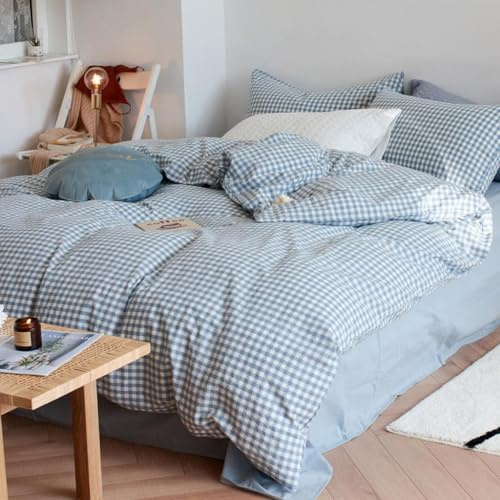 Lanqinglv Ropa de cama 155x220 algodón a cuadros azul blanco, juego de ropa de cama de algodón Renforce con cremallera, ropa de cama ÖKO-TEX cuadriculada apta para alérgicos, 1 funda nórdica y 1 funda