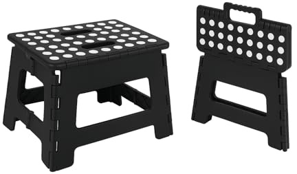 Tritthocker Klappbar 23cm, Stabiler Klapphocker Faltbar mit Anti-Rutschflächen, Leicht zu Tragen Kleiner Hocker Klappbar, Falthocker Ideal für Kinderbad, Camping, Picknick, Zuhause - Schwarz