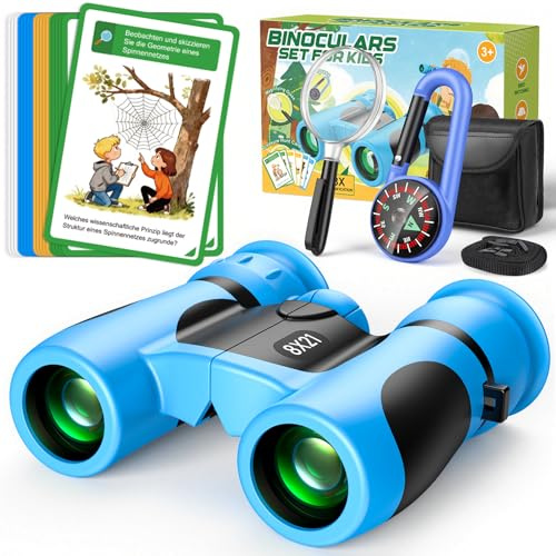 GeschenPark Binocolo per bambini, set da esplorazione all'aperto con lente d'ingrandimento, bussola e mappa per la caccia al tesoro - 8X (blu)