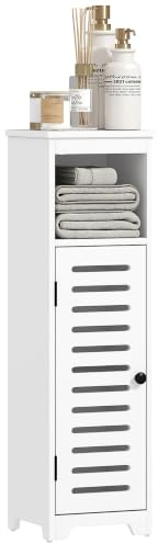 HOMCOM Slim Bathroom Floor Cabinet with Louvered Door, Open Shelf, White | Storage Unit, Adjustable Shelf, Freestanding Cabinet Cupboard, for Living Room Kitchen