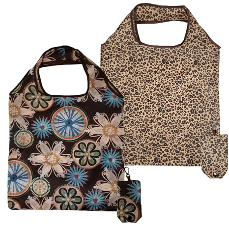 Zueyen Set di 2 borse per la spesa pieghevoli e stabili, 38 x 60 cm, in poliestere, lavabile, con custodia, ideale come borsa shopper da donna grande, a