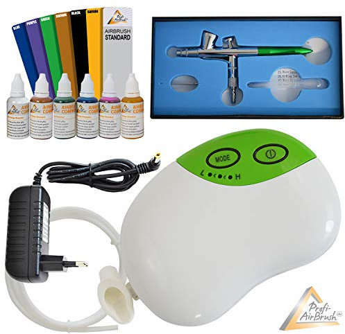 SET AEROGRAFO CARRY III COMPRESOR AEROGRAFO con 6 COLORES AEROGRAFO y PISTOLA AEROGRAFO Single Acción 207D, boquilla de 0,3mm, Ideal para maquillaje, uñas, repostería y tatuajes.