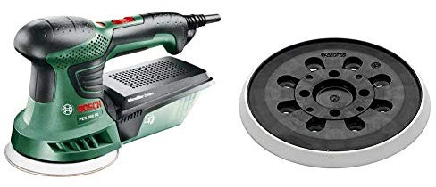 Bosch Exzenterschleifer PEX 300 AE (1x Schleifpapier, Koffer, 300 Watt) + Bosch Schleifteller (Zubehör für Exzenterschleifer PEX 300/400 AE, Ø 125 mm, mittelhart, mit Klettsystem)