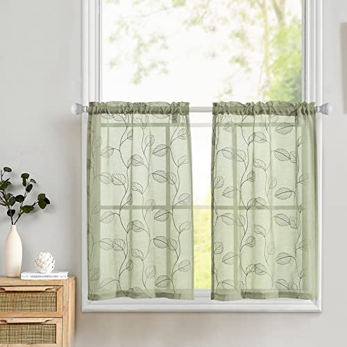 TOPICK Sage Green Sheer Kitchen Cafe Curtains Leaf Embroidered Voile Tiers Short Half Window Semi Sheer RV Camper Curtains Farmhouse Small Door Bathroom Basement Curtains 36 Inch Rod Pocket 2 Panels