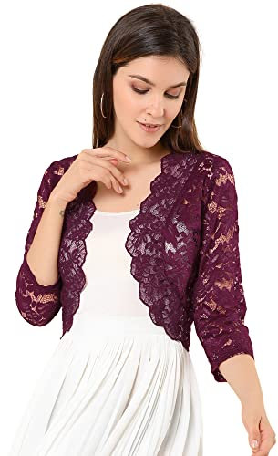 Allegra K Damen Elegant 3/4 Sleeve Sheer Floral Lace Achselzucken TopBurgund S