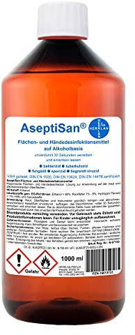 AseptiSan Desinfektionsmittel 1 x 1000 ml – Nachfüllflasche für Hände & Flächen – farb- & duftfrei – PZN 16613733 – HERRLAN Qualität – Made in Germany