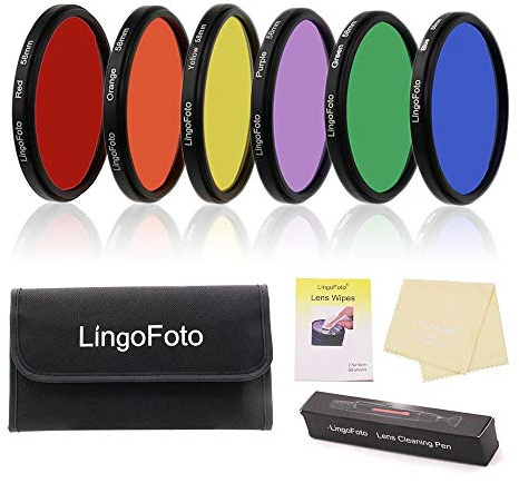 LingoFoto 6pcs Round Full Color Lens Filter Set Red Orange Yellow Green Blue Purple+ 6 Pockets Filter Pouch+3 Lens Cleaning Tool (49mm)