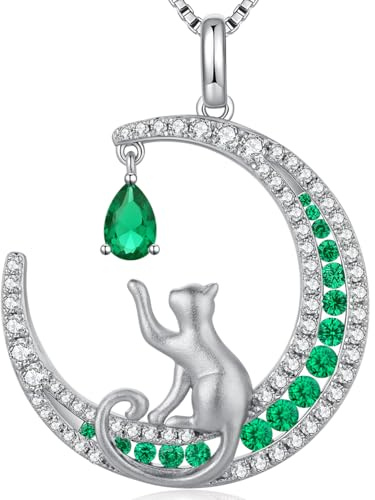 jiamiao Katthalsband för kvinnor och damer, katt- och fisk-halsband, katt, måne, halsband, sterling silver, kattsmycken för kvinnor, flickor, två katter, hänge