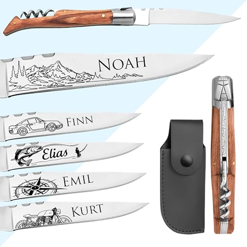 Couteau personnalisé - Lame avec prénom gravé - Manche en bois de frêne - Tire-bouchon - Idée Cadeau - Cadeau pour homme, fête des pères, papa, grands pères, tonton, parrain, anniversaire, noël