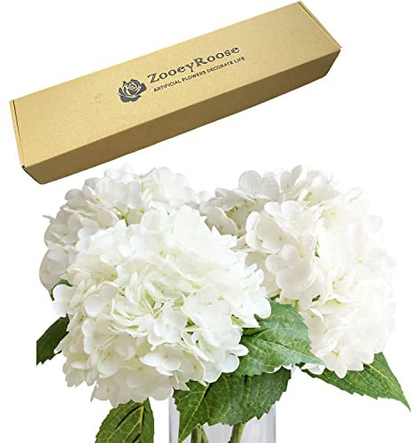 ZooeyRoose Konstgjorda hortensior, stora, vita, 53,3 cm långt handtag för hög vas för höst, hem, kök, blomdekoration, vår, vita blomarrangemang, bordsdekoration, 3