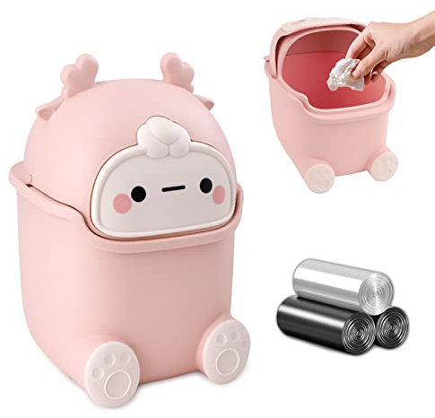 QLFJ-FurDec Small Wastebasket Bin with Lid, Cute Mini Office Bins and 3 Rolls Bin Liners, Cartoon Desk Dustbin 15.5 * 14 * 23.5cm for Home,Vanity Tabletop, Bedroom (Pink)