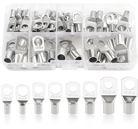 YIXISI 60 Piezas M6/M8 Terminales de Anillo kit, Conectores de Tubular, Terminales de Cable Batería, para Cable Eléctrico, Plata