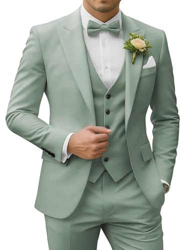 SPTALLFITJSV Dusty Green Men's 3 Piece Suit Wedding Prom Suits for Men Solid Slim Fit Single Breasted Peak Lapel Two Button Suit Blazer Set Small