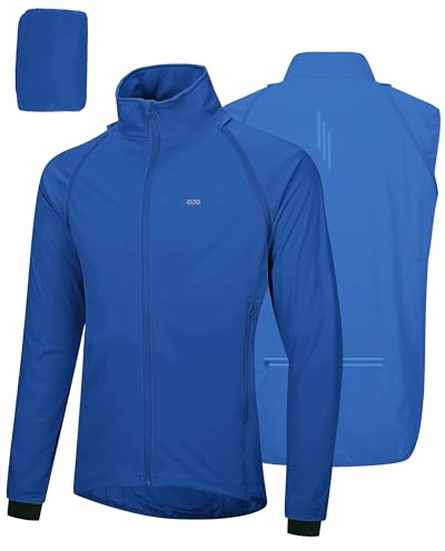33,000ft Chaqueta de ciclismo para hombre, impermeable, transpirable, protección UV, ligera, con mangas desmontables, reflectante, chaqueta para correr, chaqueta plegable para hombre, azul, L