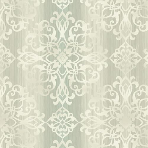 Camden Glitter Damask Sage Wallpaper - Traditional Stylish Trendy Acrylic Coated - Classic Feature Wall