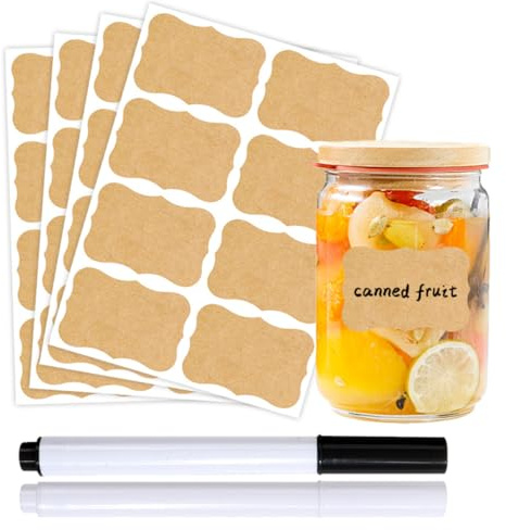 Zephyra 32 Étiquettes Adhésives Vintage en Papier Kraft, Imperméables et Polyvalentes, Idéales pour Cadeaux, Pots en Verre, Confitures et Décorations DIY, avec Stylo Blanc et Noir