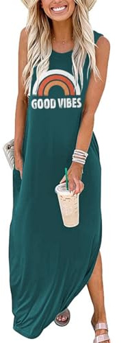 Sxkayxr Robe Longue Femme Chic et Elegant sans Manches Col Rond Robes Longues de Plage d'été pour Femmes avec Poches