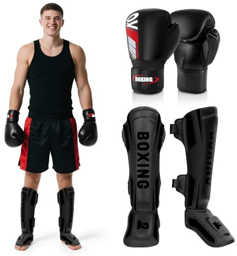 NZQXJXZ Espinilleras de Kickboxing con Guantes de Boxeo de 16 oz, Protectores de Piernas Ajustables con Protección para el Empeine, Equipo de Entrenamiento para Entrenamiento y Combate de MMA