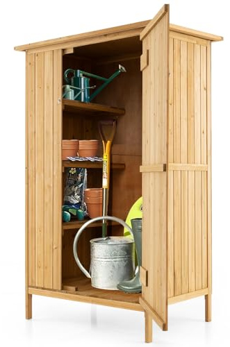 COSTWAY Gartenschrank Holz, Geräteschuppen mit Asphalt-Dach & 3 Regalen & 5 Haken, Gerätehaus mit Abschließbare Tür, Outdoor Gartenhaus für Hinterhof, Terrasse, 91 x 66 x 150 cm
