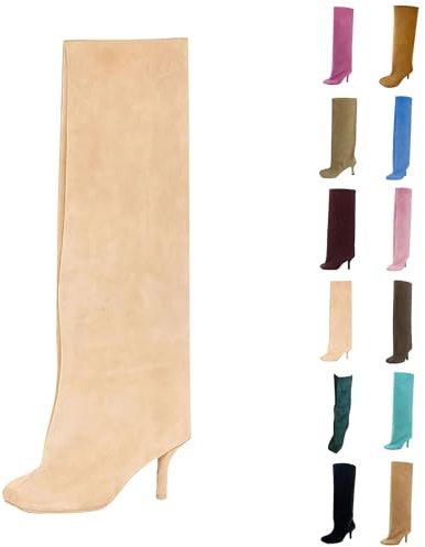 Bottes hautes en daim pour femme - Veau large - Bout carré - Talons aiguilles - Automne et hiver - Chaussures à talons hauts - Pour fête, vacances, voyage, beige, 41 EU