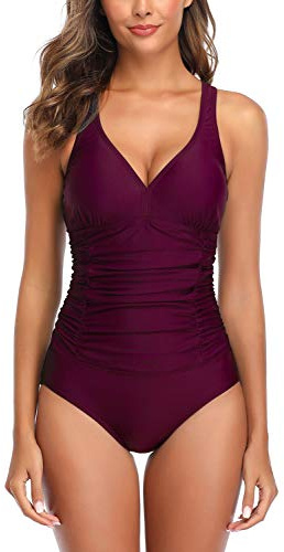 Ruched Tummy Control One Piece Swimsuit Swimwear Retro Vintage Bikini Bathing Suit Swimming Costume for Women, Dark Purple-oz, L