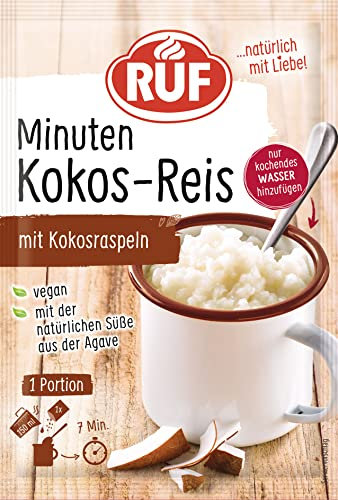 RUF Tassen Kokos-Reis mit Kokos-Raspeln, Instant Reisbrei aus der Tasse, Tassengericht für unterwegs oder zwischendurch, fertig in 7 Minuten, 1 x 58g