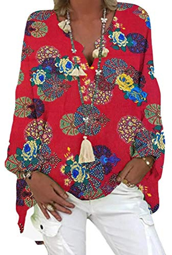 Onsoyours Chemisier Femme Col V Blouse Élégant Haut Manches Longues Impression Géométrique Tunique Ample Fluide Chic Casual Vintage T-Shirt A Rouge XXL
