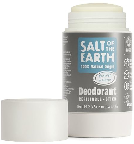 Desodorante natural en barra Salt Of the Earth, vetiver y cítricos: vegano, recargable, certificado por Leaping Bunny, fabricado en el Reino Unido, 84g