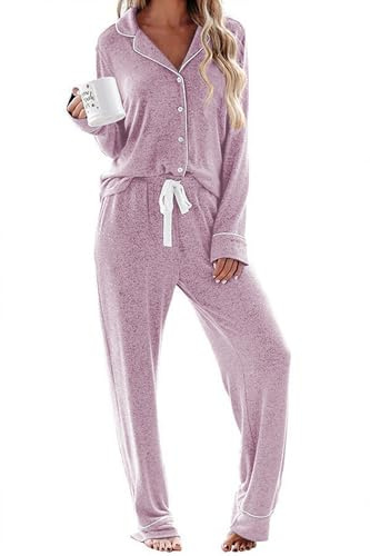 Ekouaer Women's Jersey Knit Pajamas Lightweight Stretch Sleepwear with Pockets Long Sleeve Sleep Set (Pink,L)