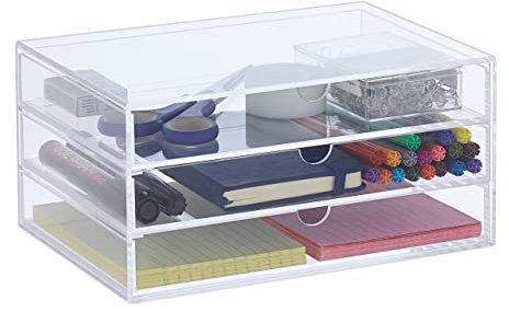 Relaxdays Schubladenbox Acryl, HBT: 11,5 x 23,5 x 16,5 cm, Organizer Kosmetik, Büro, Acrylbox mit 3 Fächern, transparent