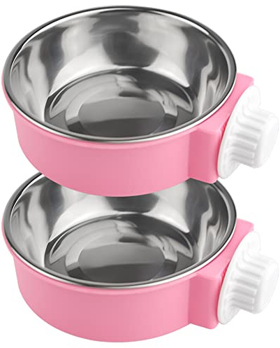 XINMEIWEN Lot de 2 Gamelles Amovibles en Acier Inoxydable à Suspendre pour Animaux de Compagnie - Nourriture et Eau avec Pépinière (Rose)