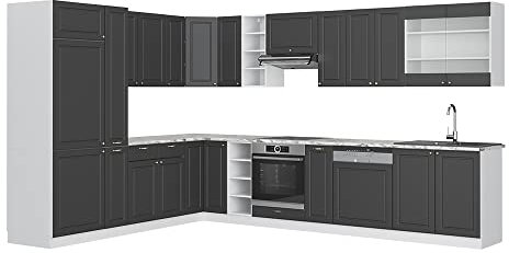 Vicco Eckküche Fame-Line, Anthrazit Landhaus/Weiß, 257 x 347 cm ohne Arbeitsplatte