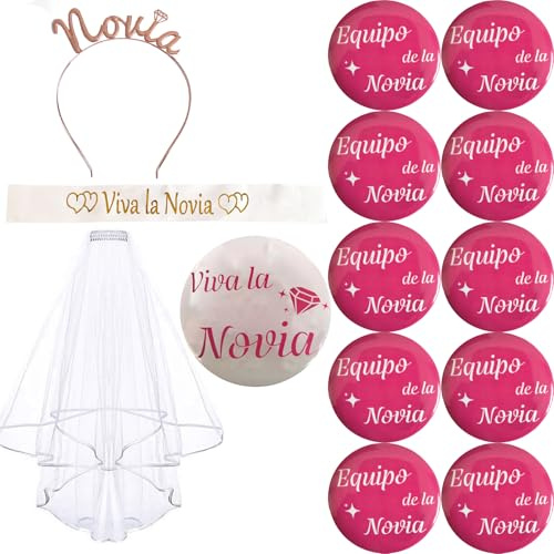 jenich 14 Pcs Set Despedida de Soltera Decoración Accessorios Despedida de Soltera Banda Viva la Novia Insignia Novia Broche Equipo de la Novia Velo Nupcial Diadema Tiara Bride to Be Adorno Hen Night