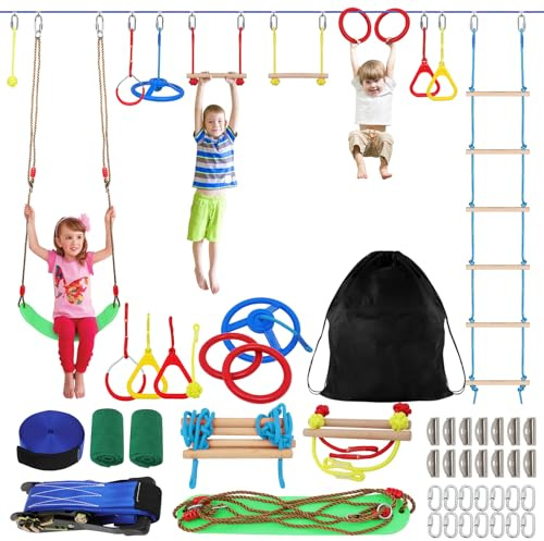 FAHKNS Ninja Warrior Obstacle Course for Kids, 65 FT Durable Slackline with 11 Obstacles-Swings, Monkey Bars, Arm Trainers and More, Weatherproof Outdoor Obstacle Course for Backyard,3+ Years Old