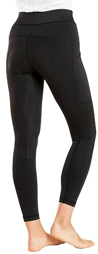 Harry Hall Classic Pull On Riding Tights with Full Silicone Seat - Two Phone Pockets - 4 Way Stretch Fabric - Deep Waistband - Soft Feel - Machine Washable - Black - XS