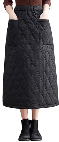 LAEMILIA Jupe Femme Hiver Longue Taille Haute Elastique Jupe Matelassée Mi Longue Chaude Jupe Trapèze Noir Elégant et Chic avec Poches Grande Taille M-XXL/FR 36-48