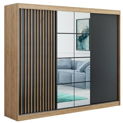 BM-Möbel B&M Furniture Schiebeschrank mit Lamellen und Spiegel Rocco - Moderner Kleiderschrank Minimalistisch, Loft-Stil - 250x61x215 cm - Korpus Craft Gold, Fronten Schwarz, Lamellen Craft Gold