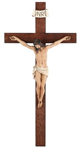 Crucifix Wall Cross - 14 Inch Olive Wood Wall Crucifix, Hand Painted Resin Jesus on Wooden Crucifix Catholic Home Decor Housewarming Religious Gifts