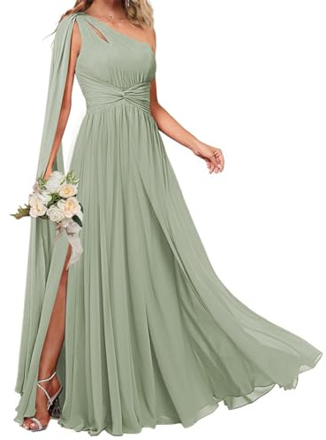 KURFACE Robe de demoiselle d'honneur asymétrique avec cape fendue sur le côté en mousseline de soie longue formelle pour invitées de mariage, vert sauge, 34