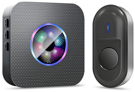 Sonnette sans Fil Exterieur Etanche, IP55 Etanche Carillon 300 Mètres, 55 Mélodies et 5 Niveaux Volume, Kit d'un Récepteur et d'un Emetteur pour Maison, au Salon, au Bureau