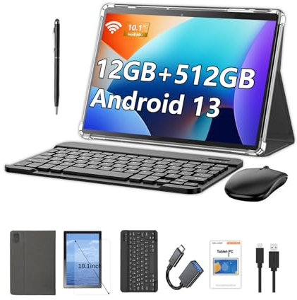 Crelander 10.1 Inch Android 13 Tablet mit SIM Card Slot 4G LTE Calling, 12GB+512GB, 8000mAh Battery, Dual Camera, Bluetooth/WiFi, Bundle mit Schutzhülle, Tastatur, Maus & Stylus (Grau Schwarz)