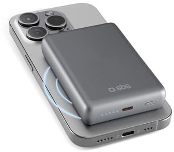 SBS PowerBank 10K MagSafe, 10.000 mAh Power Delivery 20 W, 15 W kabelloses Laden, magnetisch, Status-LED, USB-C, Ladegerät für iPhone, iPad, AirPods, Samsung, Tablet, Smartphone, graues Aluminium