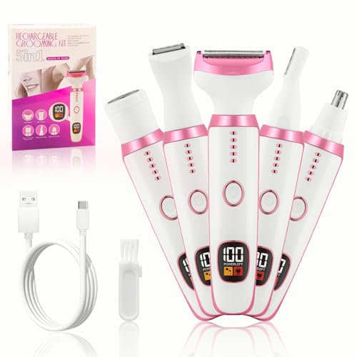 NXPZ Rasoir Électrique Femme, 5-en-1 Rasoir Électrique Femme, Épilateur Intime Femme Sans Douleur, pour Bikini, Aisselles, Jambes, Sourcils et Nez, avec Écran LED, Recharge USB, Portable