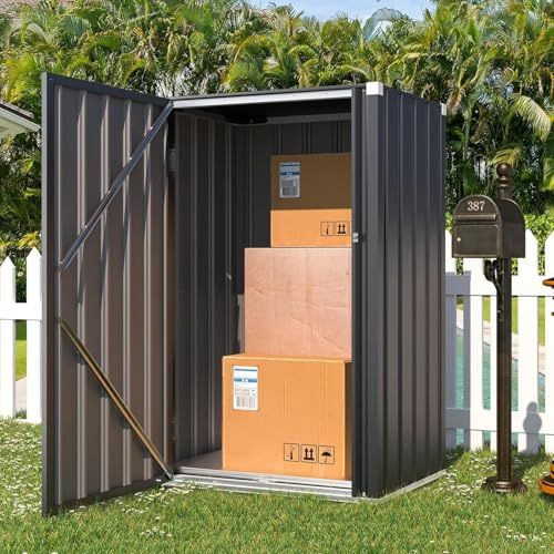 YODOLLA Gartenschrank, 76x55x144cm Einzel-Tür Außenschrank wetterfest, Stabil Metall Paketzustellkasten & Lagerung mit Schloss für Garten, Dunkelgrau