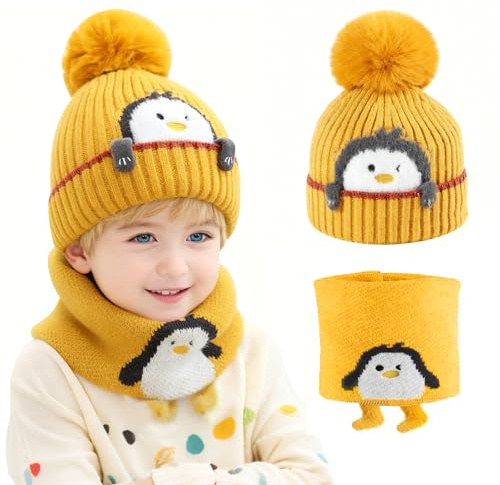 Gorro de Invierno para Niños, Gorro de Peluche Pompon Invierno Sombreros Set, Conjunto de Gorro de Punto Inviernos Térmico y Bufanda para Niños, 1-3 Años(Amarillo)