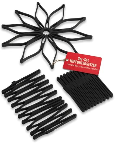 Steel-Function 3er Set Topfuntersetzer hitzebeständig im Schwarz – Flexibler Silikon Untersetzer Topf hitzebeständig für Pfannen, Töpfe und Auflaufformen – rutschfest