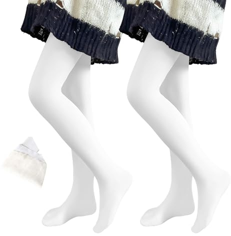 Domueay Filles Thermiques Collants Chauds, Lot de 2, Opaques Collant et Doublure Opaque, Enfants Classique Hiver Collants pour Performance danse école ballet, 6-8 ans, Blanc