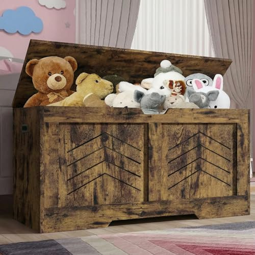 Blisswood Toy Box, Wooden Storage Chest, Large Blanket Box with Lid & Safety Hinges, Storage Bench & Toy Storage Organizer for Kids, Boys & Girls, Baby Toybox for Bedroom, Playroom (Rustic)